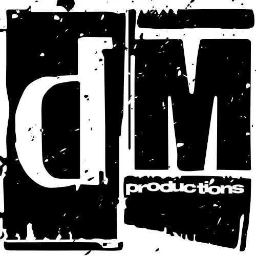 black and white logo of distorted monkeys productions.